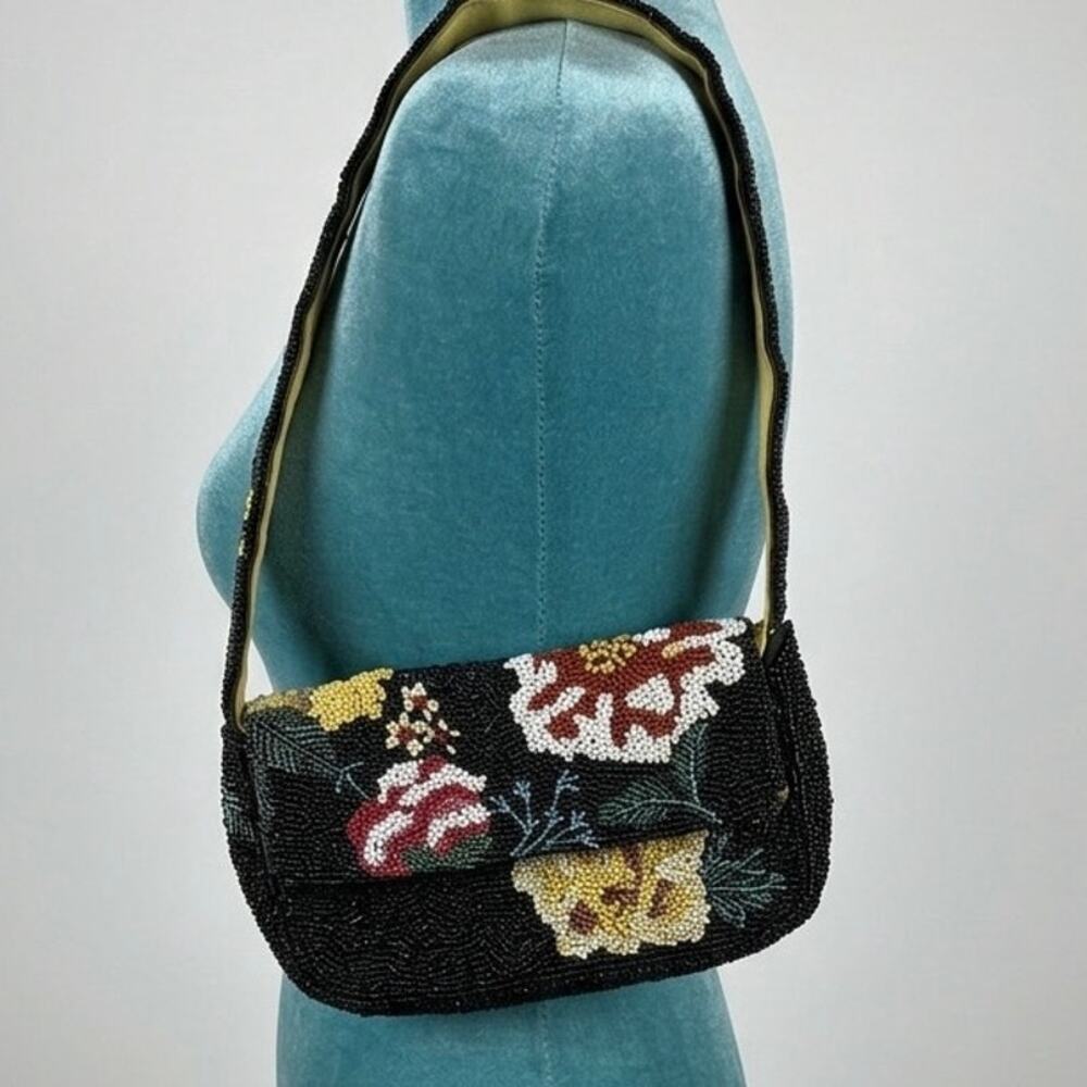 Anthropologie Fiona Beaded Floral Shoulder Bag  Black Coquette Whimsygoth